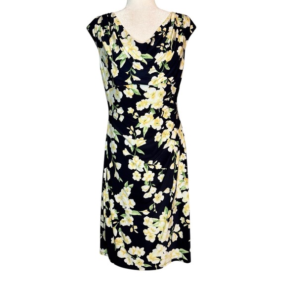 Lauren Ralph Lauren Womens 14 Navy Yellow Floral Cowl-Neck Jersey Dress Ruched - Picture 2 of 10
